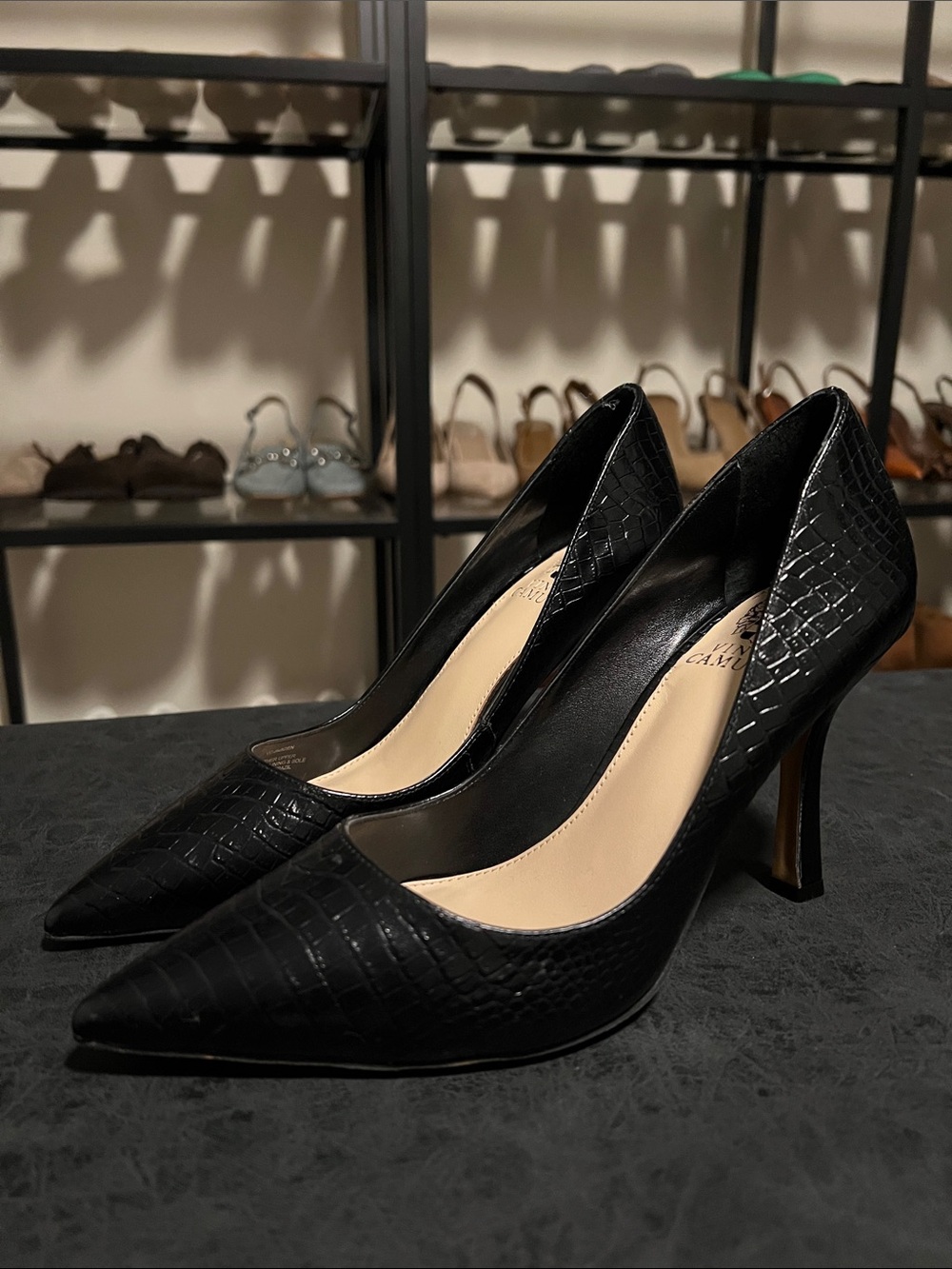 Vince Camuto Avaden Black Croc-Embossed Pointed-Toe Pumps, 7